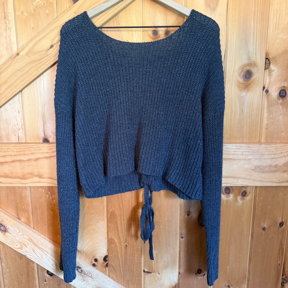 Forever 21 Sweater Womens Large Grey Lace Up Back Cropped Open Knit Scoop Neck